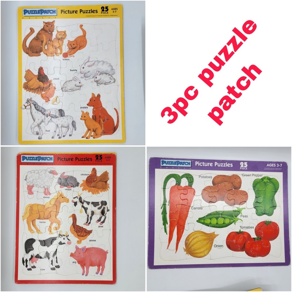 90s Puzzle Patch Picture Puzzles Frame Tray 25 Pieces Age 3-7 3pc